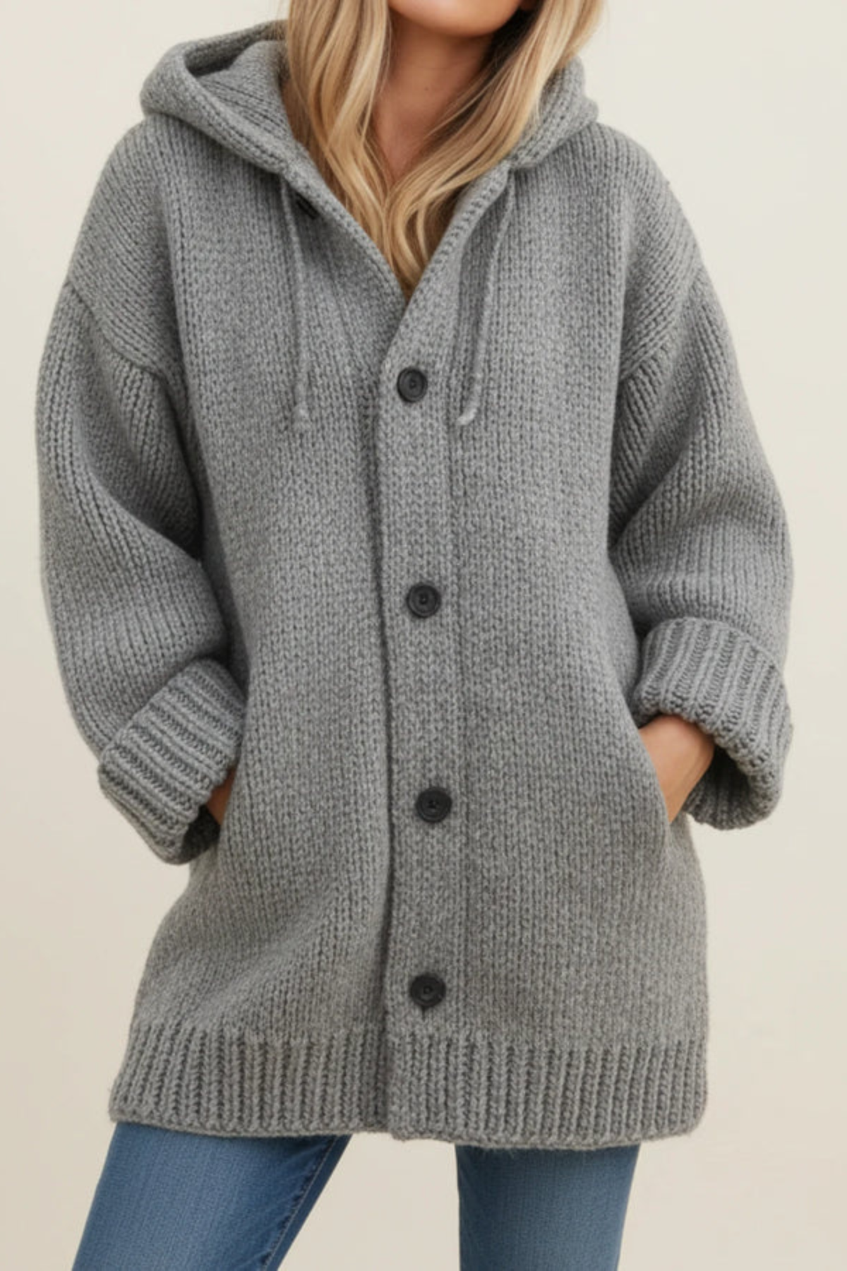 Women's Hooded Knit Cardigan Button-Front Long Sleeve Pockets Oversized Sweater