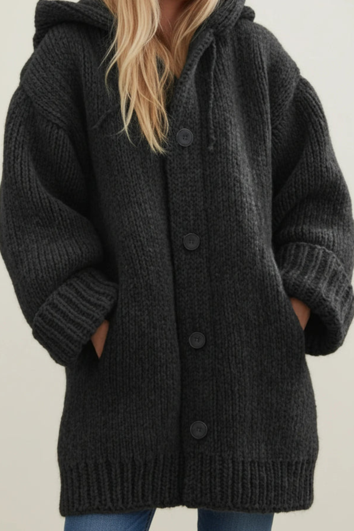 Women's Hooded Knit Cardigan Button-Front Long Sleeve Pockets Oversized Sweater
