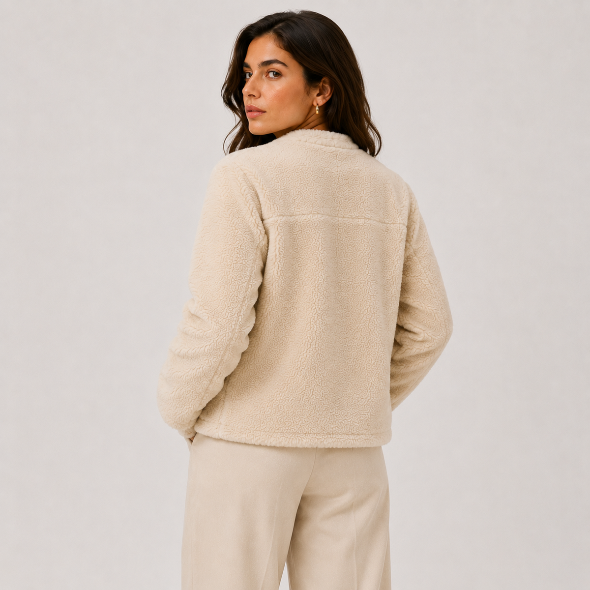 Women's Sherpa Fleece Jacket Toggle Closure Crew Neck Cropped Winter Coat