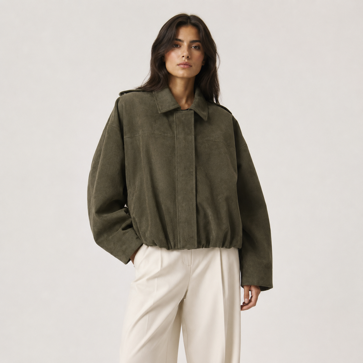 Women's Suede Bomber Jacket Collared Zip-Up Oversized Casual Outerwear