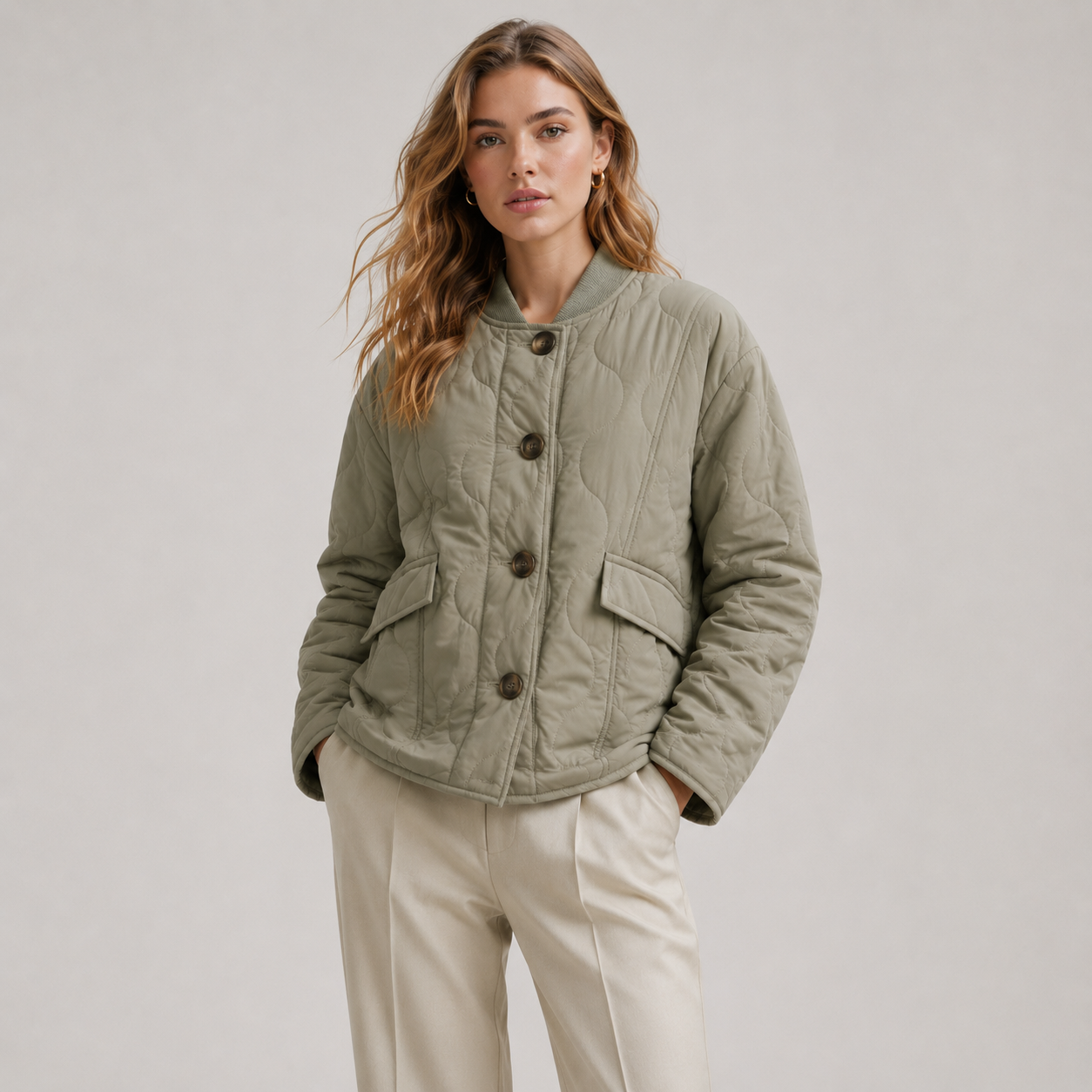 Women's Quilted Bomber Jacket Green Long Sleeve Button Front Collarless Casual