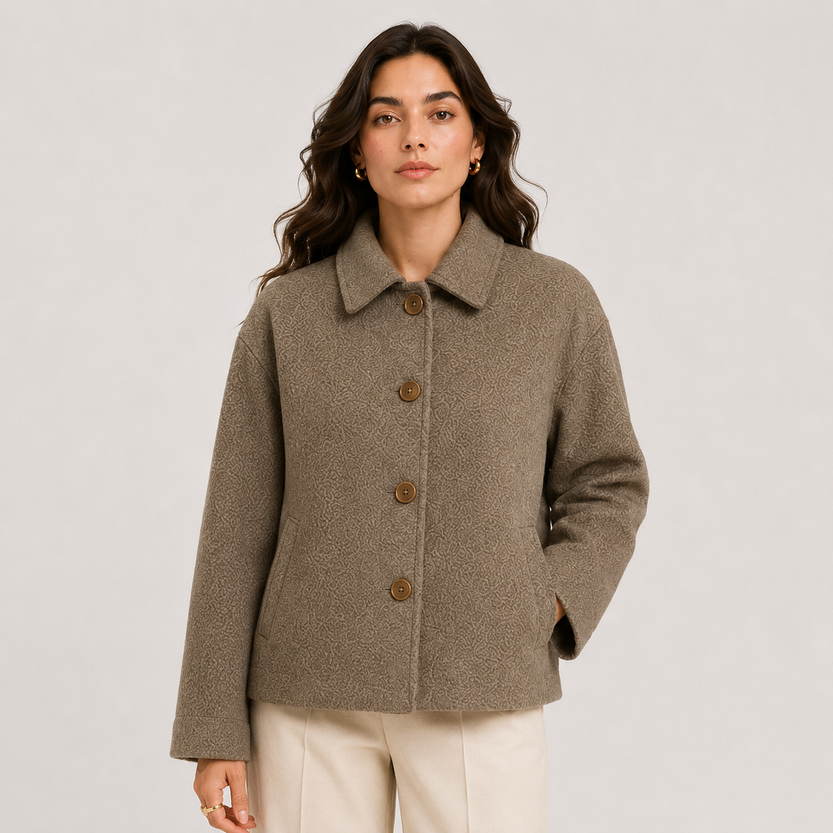 Women's Relaxed Fit Jacket Button Front Collared Textured Fall Winter