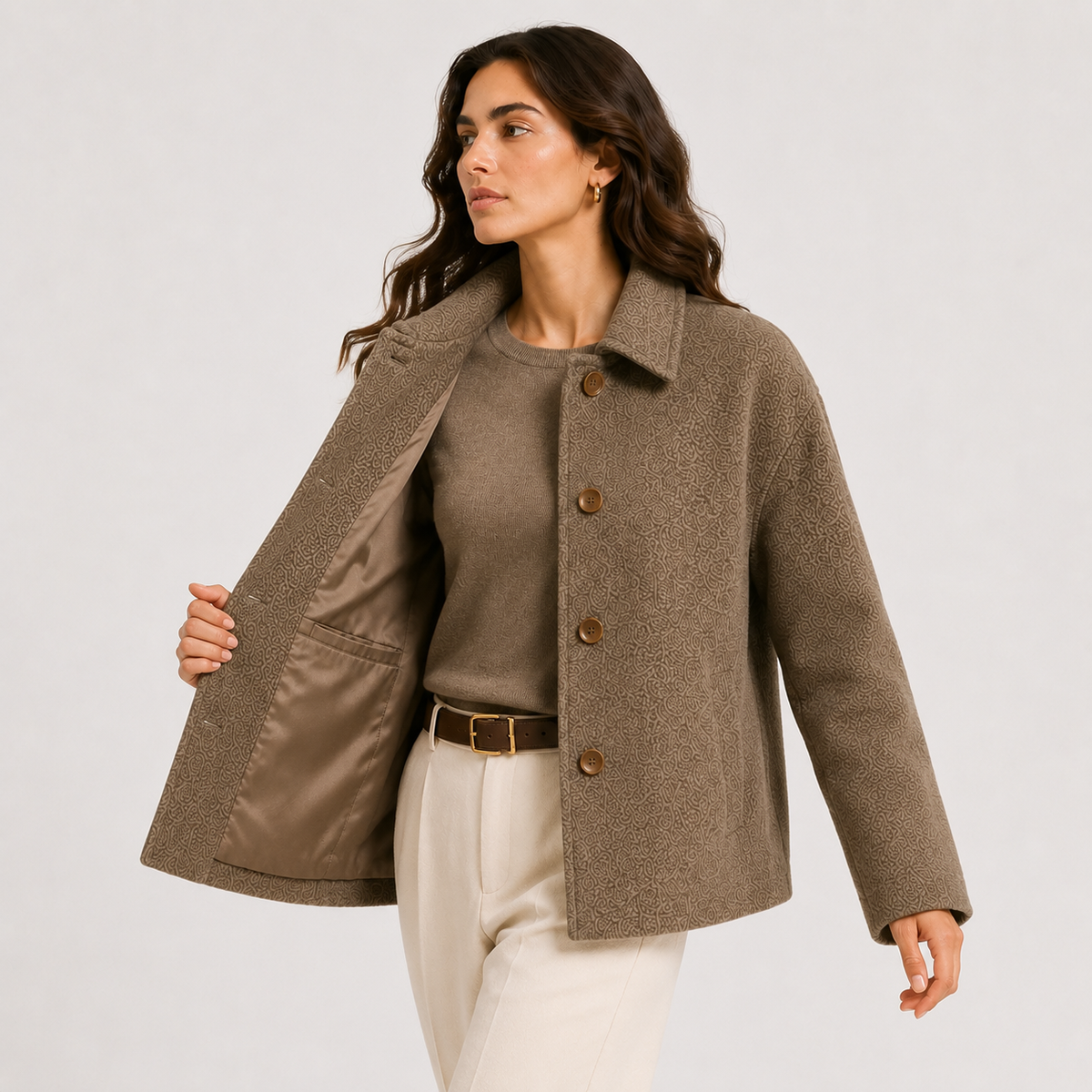 Women's Relaxed Fit Jacket Button Front Collared Textured Fall Winter