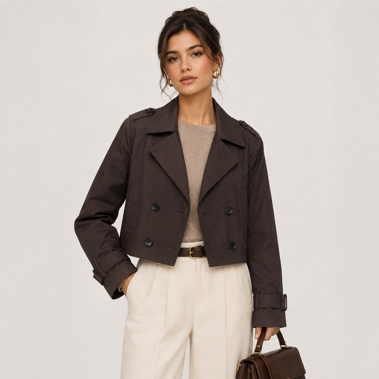 Women's Cropped Trench Jacket Double Breasted Lapel Long Sleeve Outerwear
