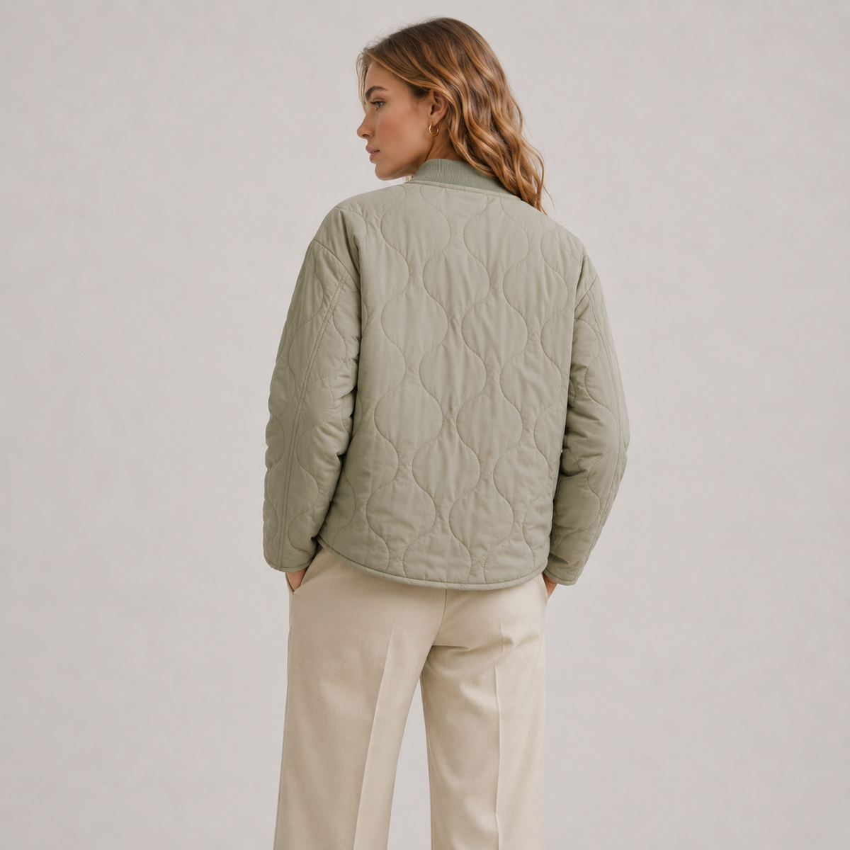 Women's Quilted Bomber Jacket Green Long Sleeve Button Front Collarless Casual