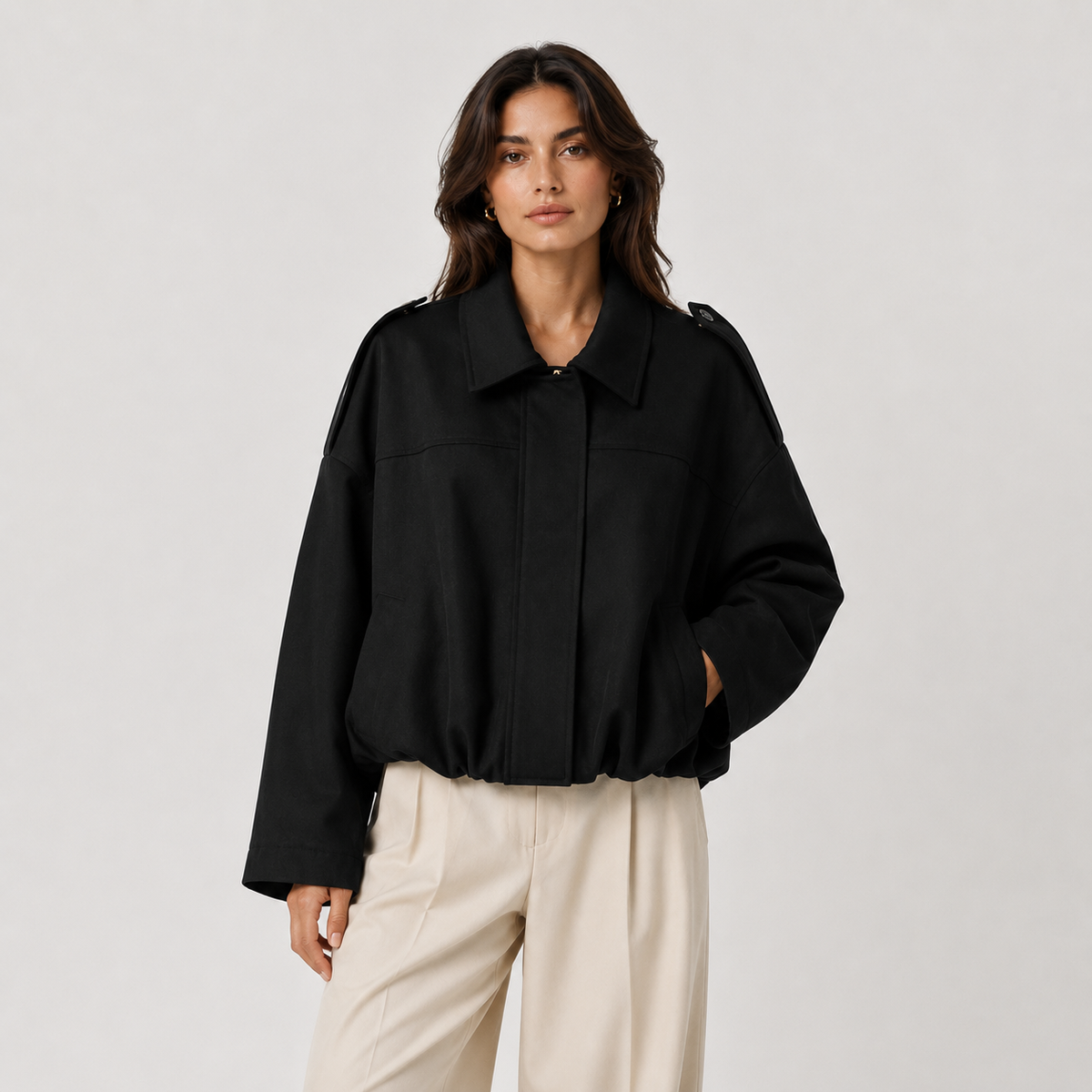 Women's Suede Bomber Jacket Collared Zip-Up Oversized Casual Outerwear