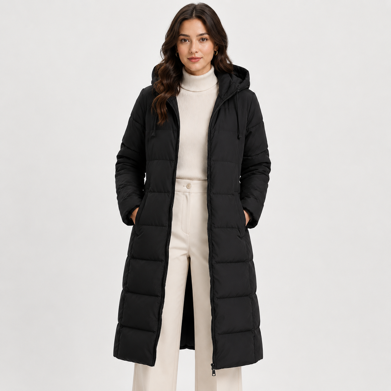 Women's Long Puffer Coat Hooded Quilted Zip-Up Warm Winter Jacket