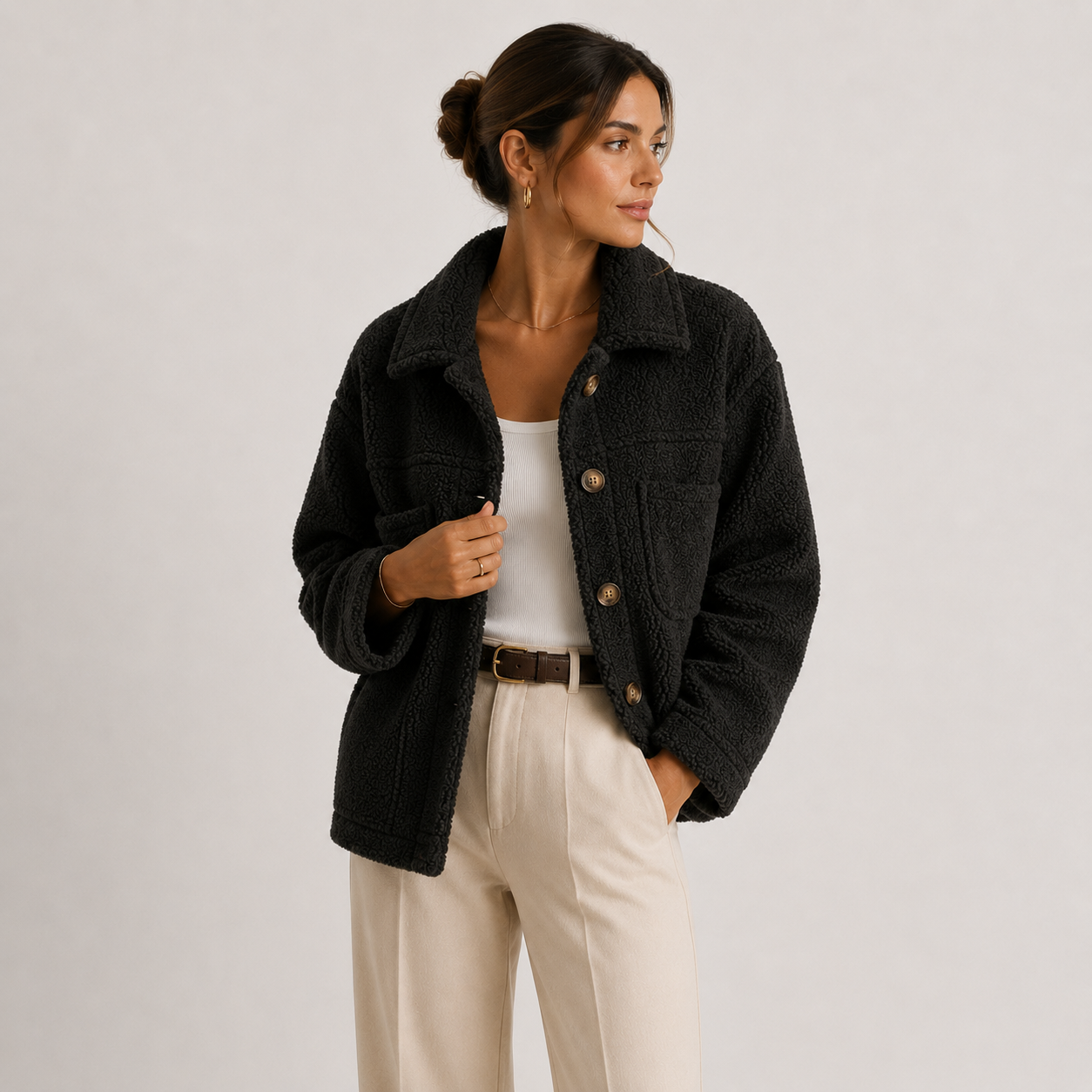 Women's Sherpa Shacket Textured Button-Up Collared Casual Jacket