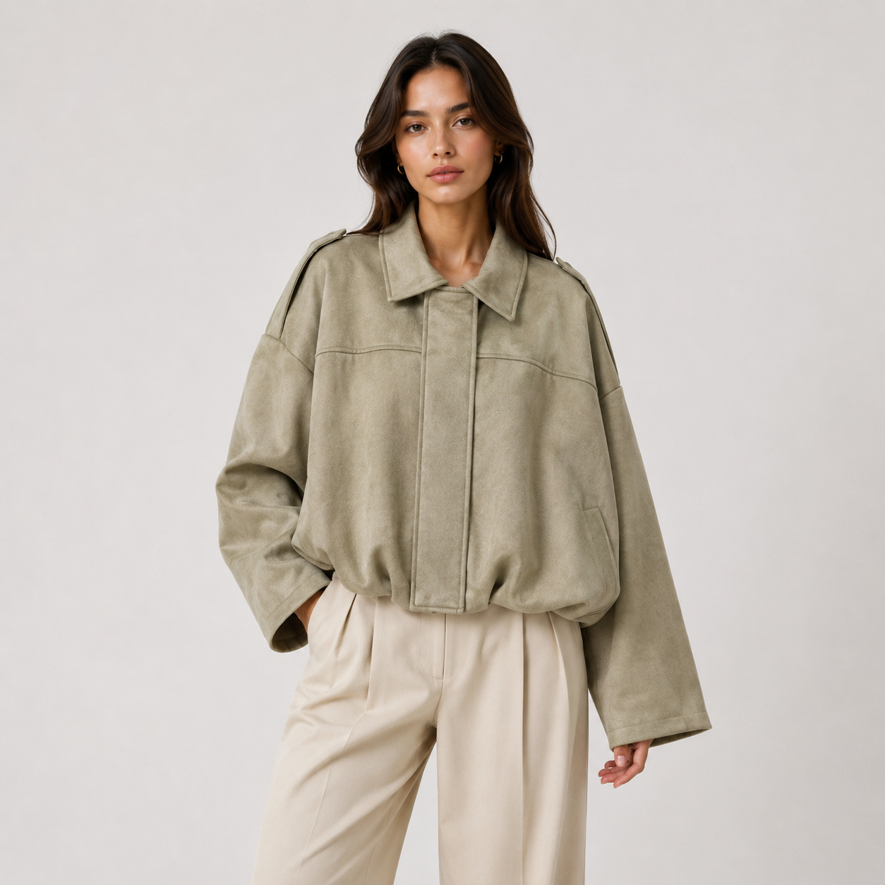 Women's Suede Bomber Jacket Collared Zip-Up Oversized Casual Outerwear