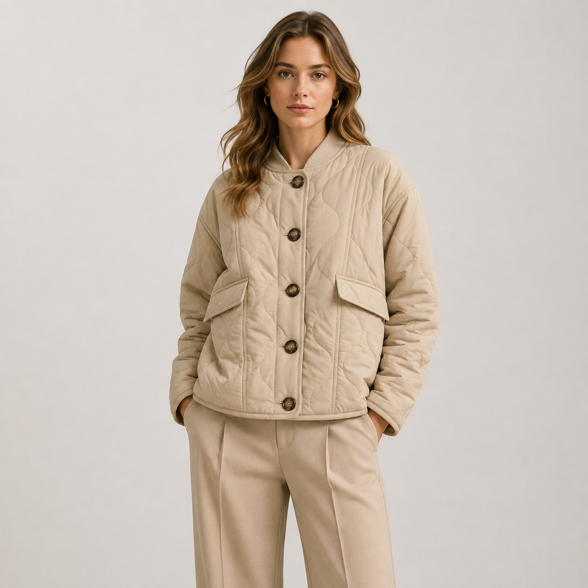 Women's Quilted Bomber Jacket Green Long Sleeve Button Front Collarless Casual