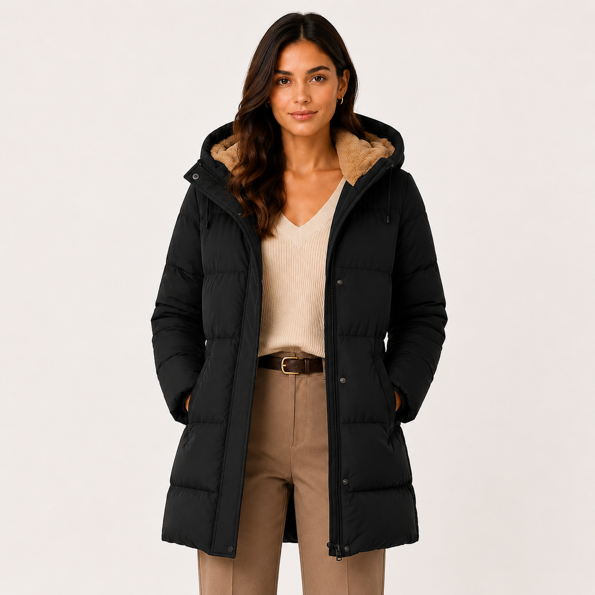 Women's Puffer Coat Hooded Sherpa Lined Quilted Zip-Up Winter Outerwear