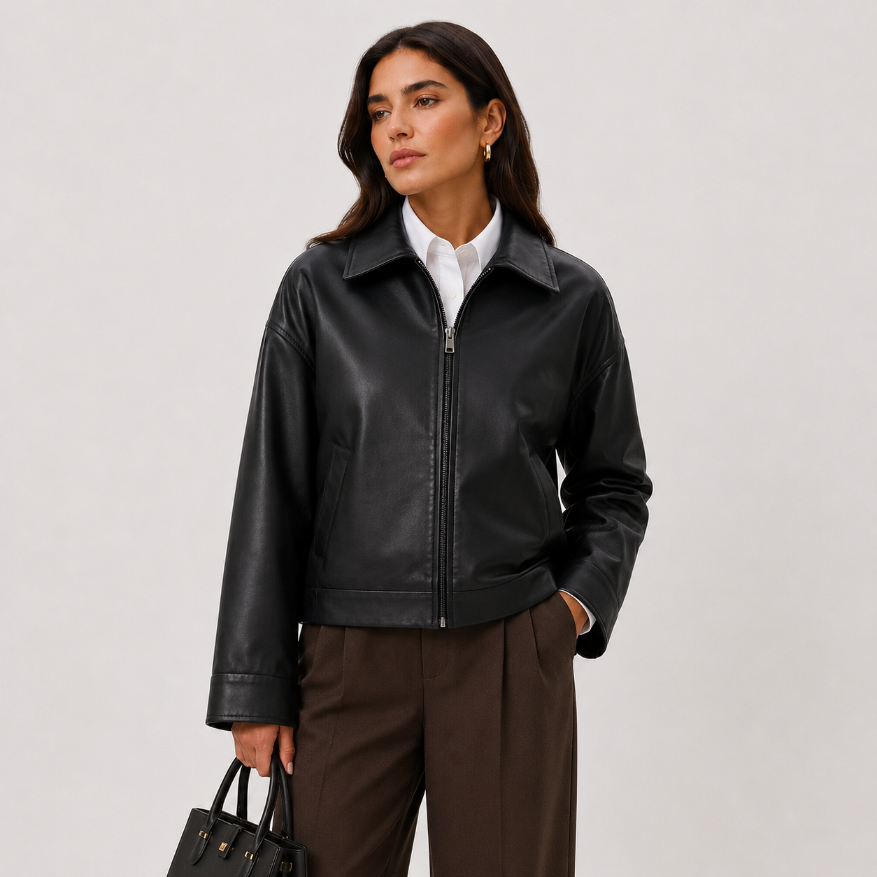 Women's Relaxed Fit Leather Look Bomber Jacket Collared Zip-Up Brown Casual