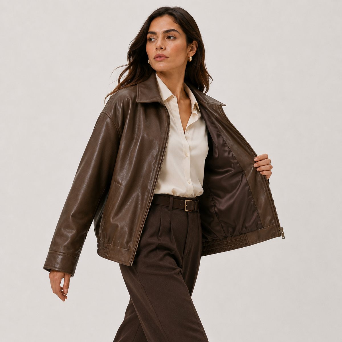 Women's Relaxed Fit Leather Look Bomber Jacket Collared Zip-Up Brown Casual