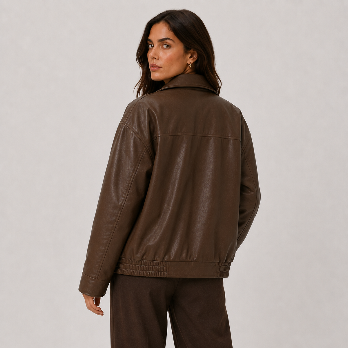 Women's Relaxed Fit Leather Look Bomber Jacket Collared Zip-Up Brown Casual