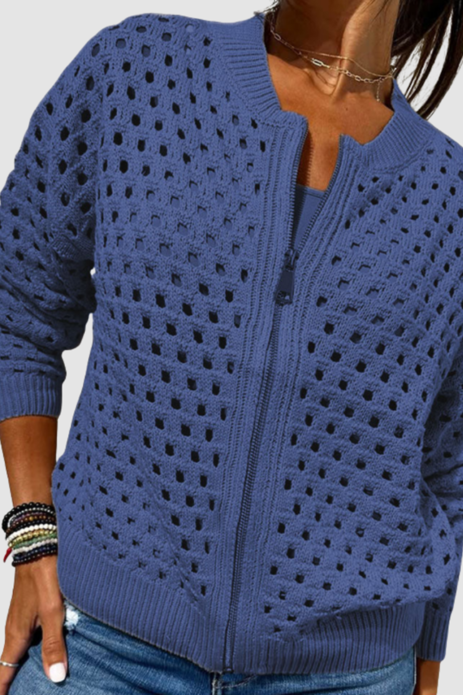 Women's Open Knit Zip-Up Cardigan Long Sleeve Crochet Bomber Sweater Casual