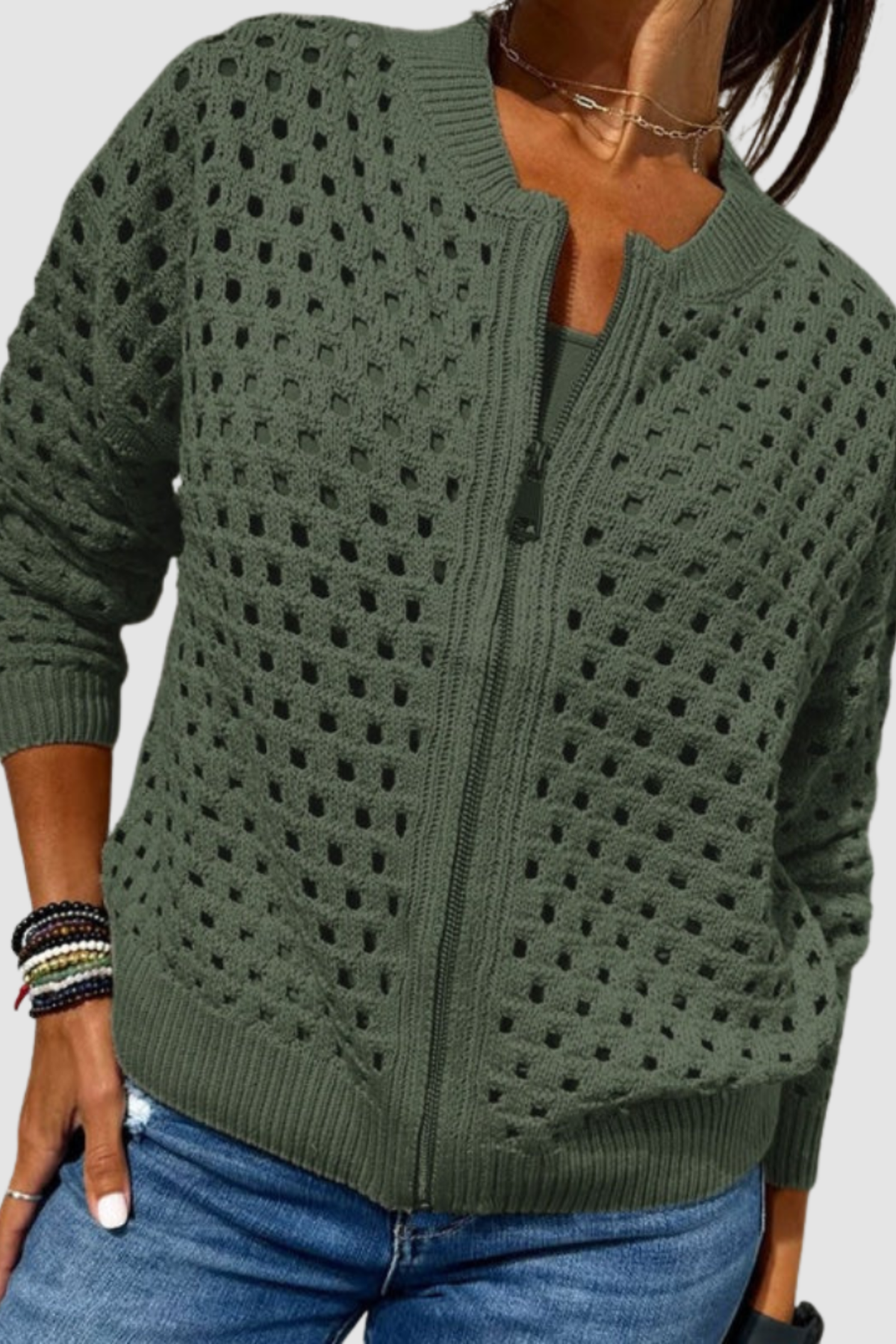 Women's Open Knit Zip-Up Cardigan Long Sleeve Crochet Bomber Sweater Casual