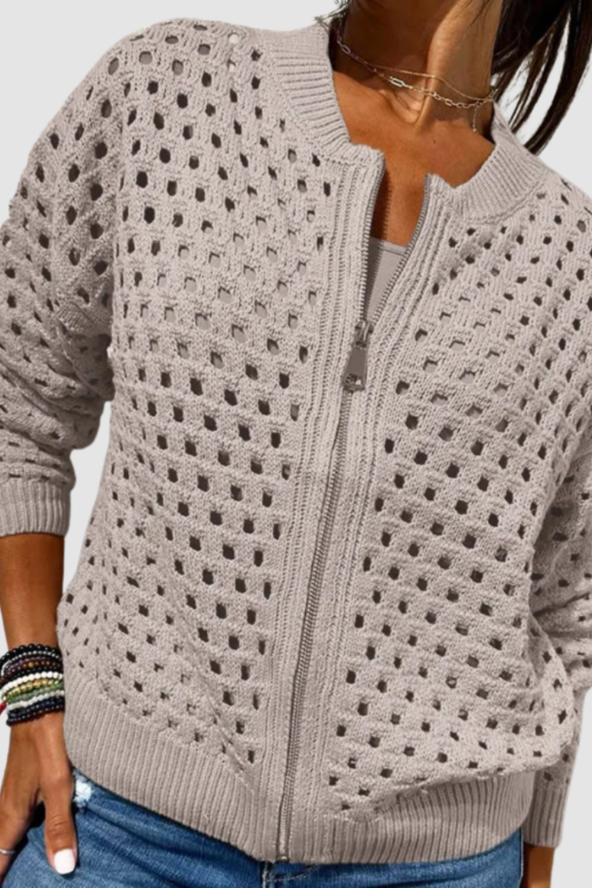 Women's Open Knit Zip-Up Cardigan Long Sleeve Crochet Bomber Sweater Casual