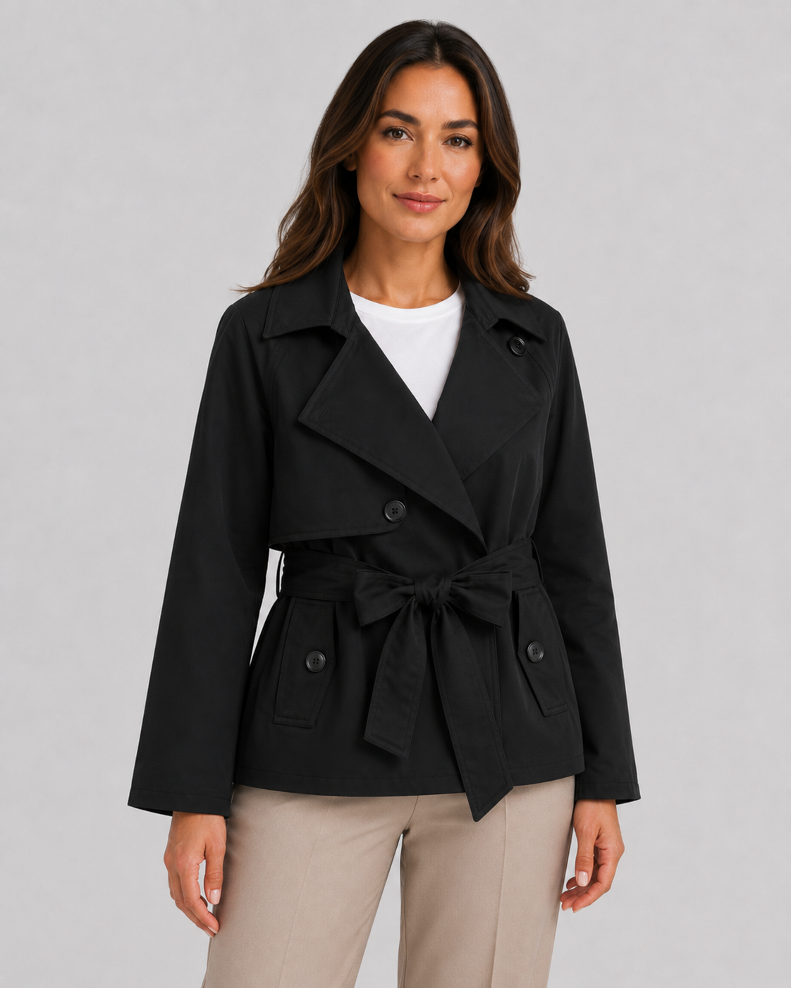 Women's Trench Coat Tie Waist Belted Notch Lapel Short Casual Jacket
