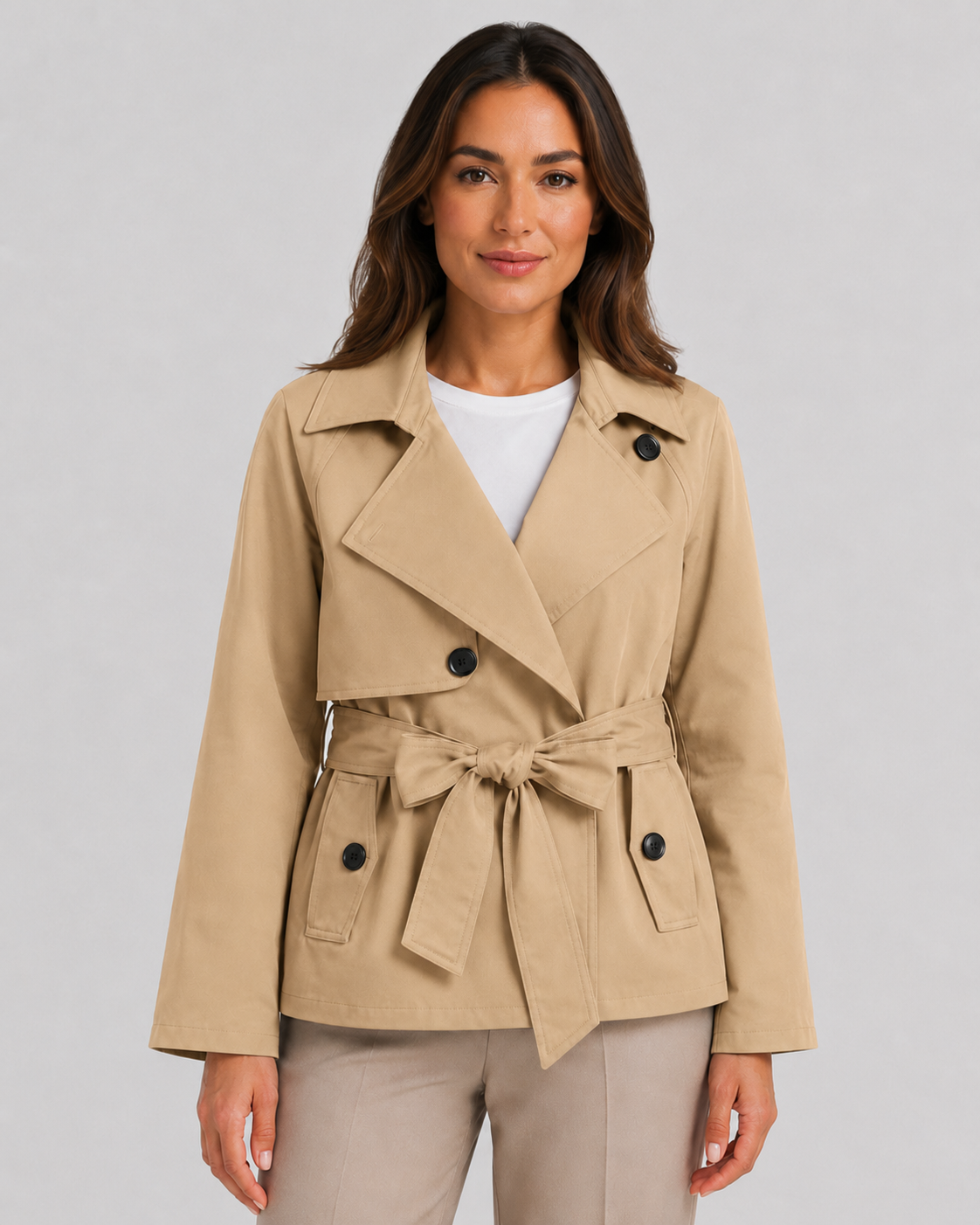 Women's Trench Coat Tie Waist Belted Notch Lapel Short Casual Jacket