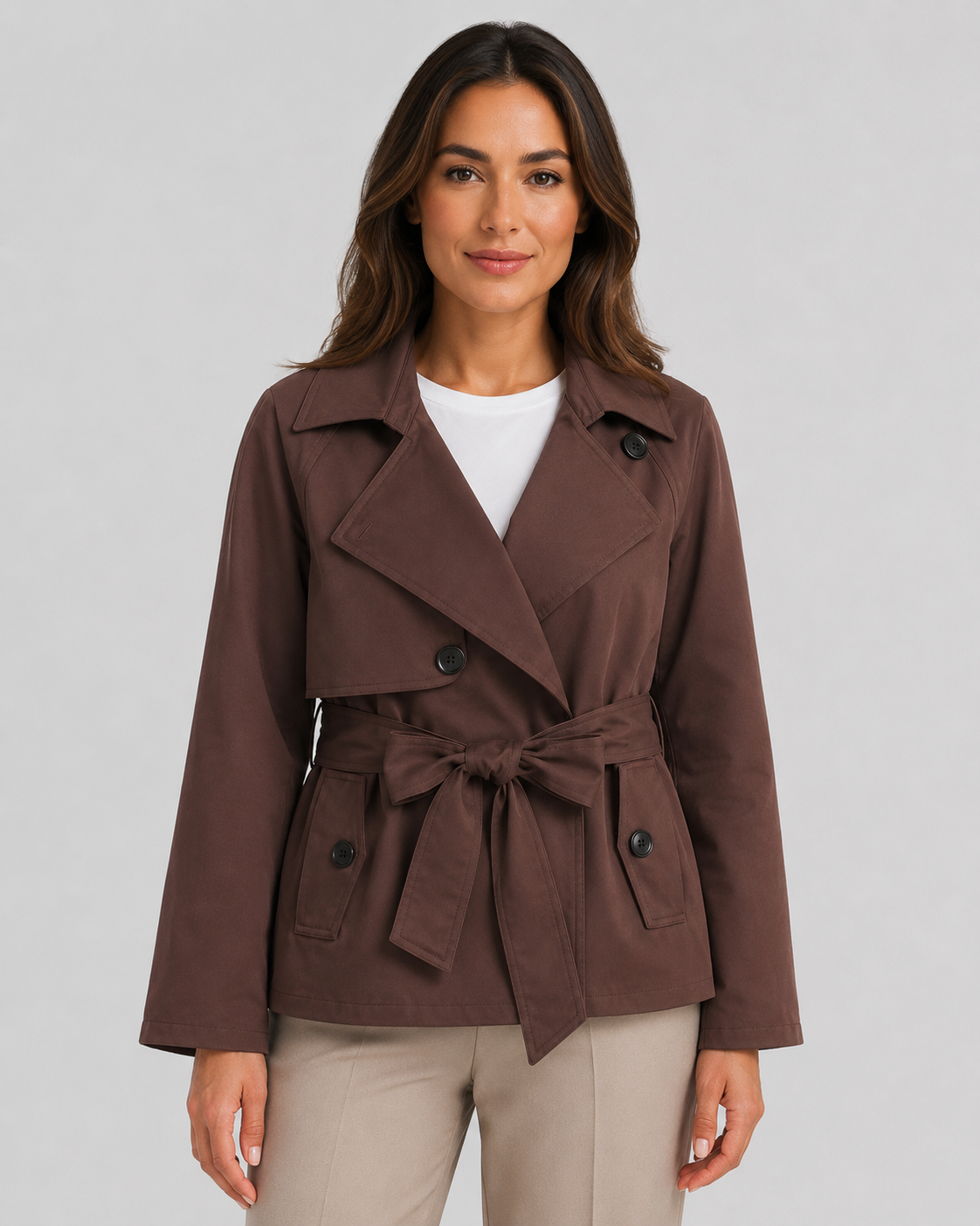 Women's Trench Coat Tie Waist Belted Notch Lapel Short Casual Jacket