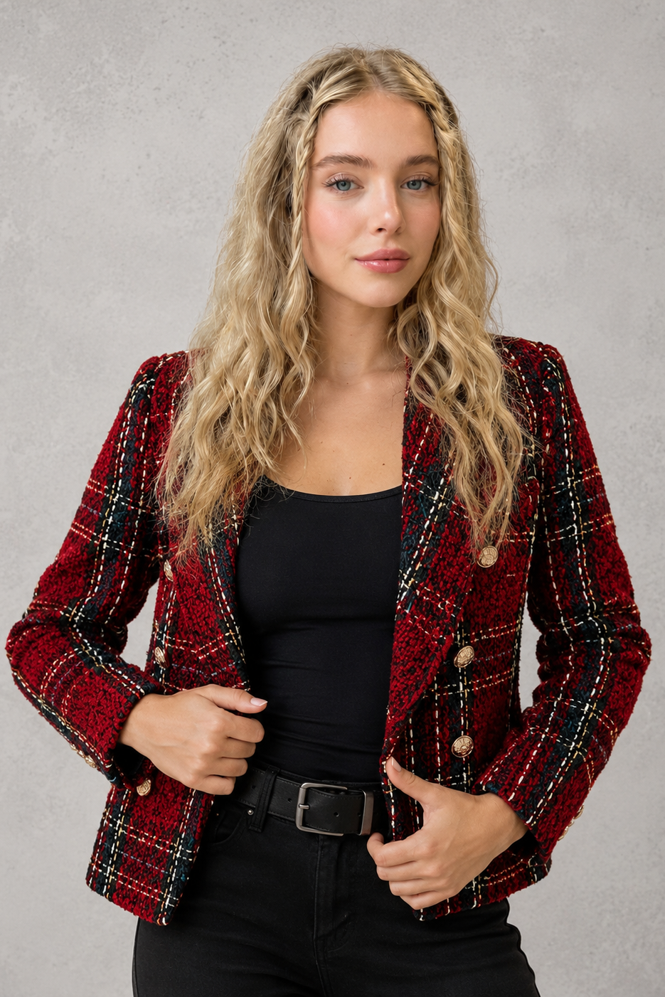 Women's Plaid Tweed Blazer Double-Breasted Gold Button Tailored Jacket