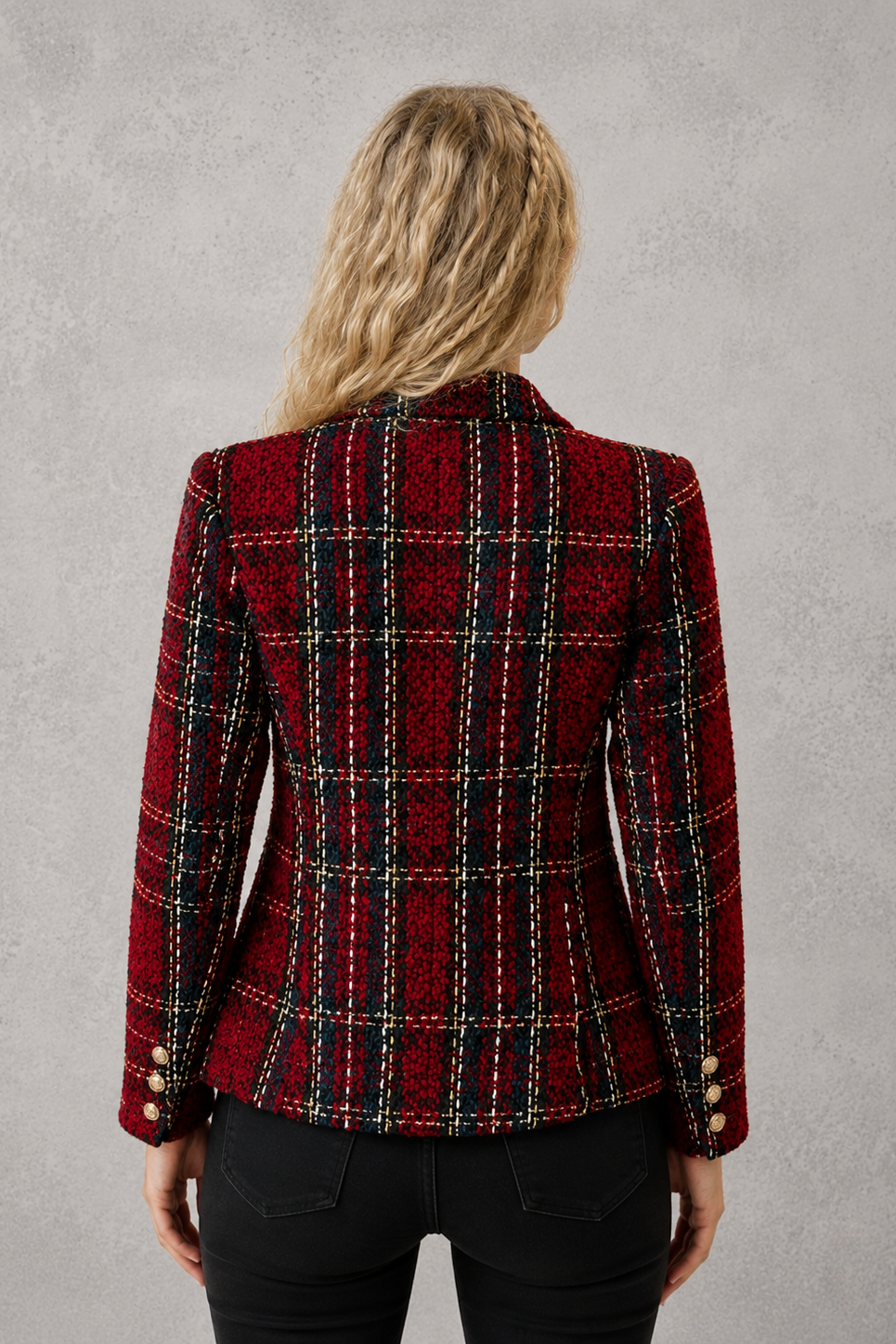 Women's Plaid Tweed Blazer Double-Breasted Gold Button Tailored Jacket