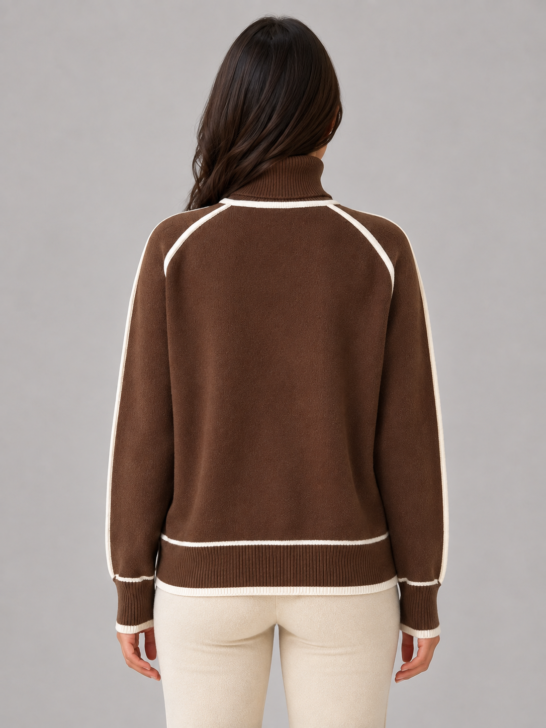 Women's Roll Neck Jumper Long Sleeve Contrast Trim Relaxed Knit Top