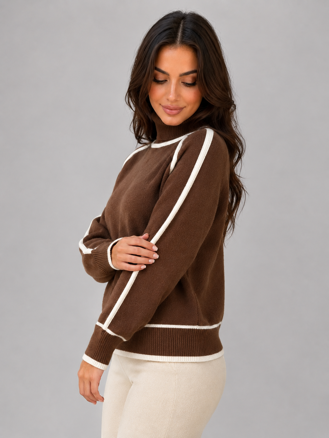 Women's Roll Neck Jumper Long Sleeve Contrast Trim Relaxed Knit Top