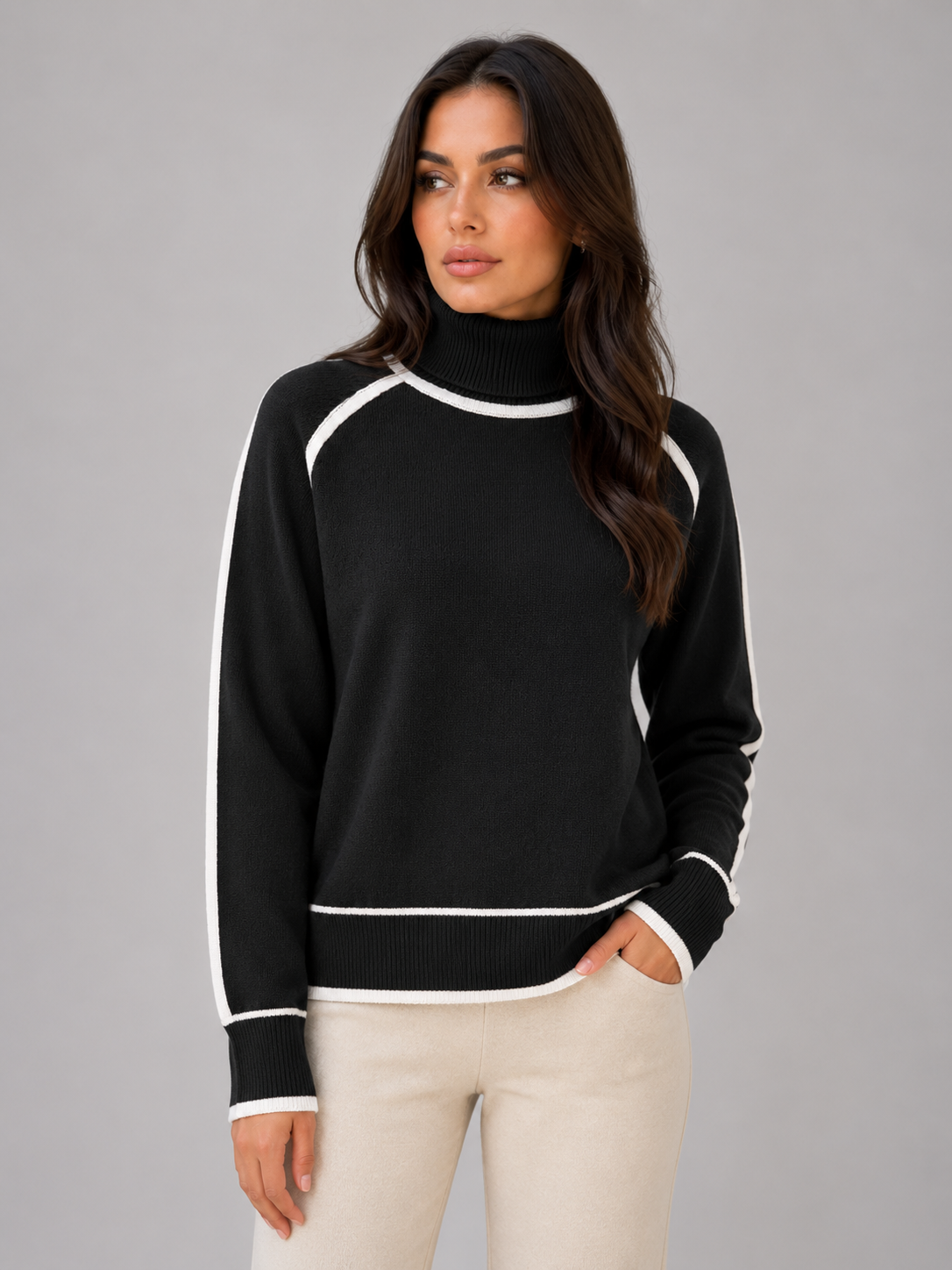 Women's Roll Neck Jumper Long Sleeve Contrast Trim Relaxed Knit Top