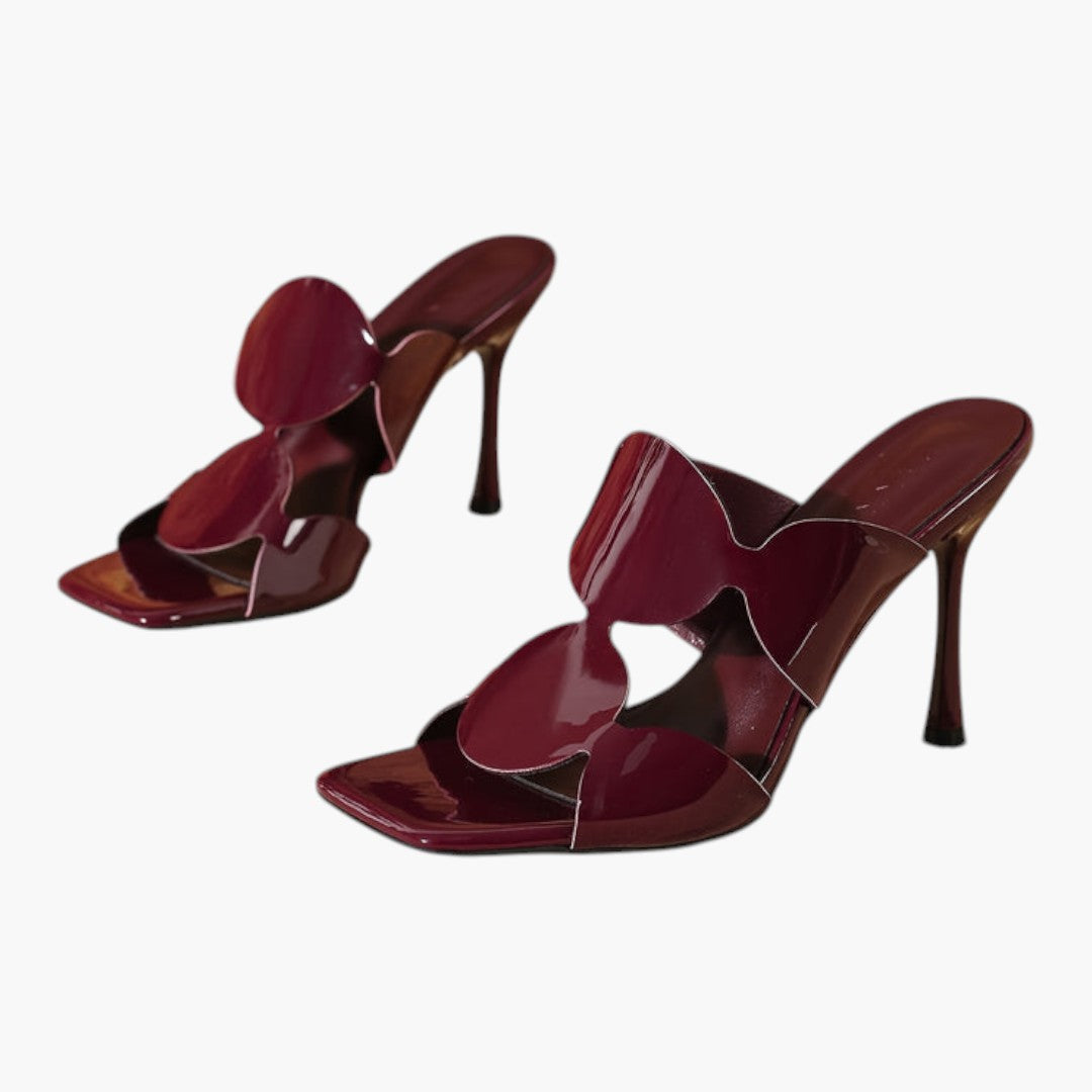 Women's Stiletto Heel Mule Sandals Square Toe Cutout Slip-On Burgundy