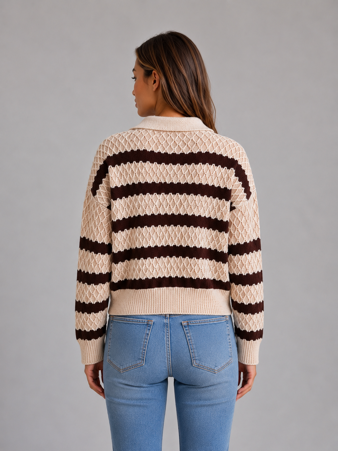 Women's Striped Polo Sweater Long Sleeve Collared Textured Knit Pullover