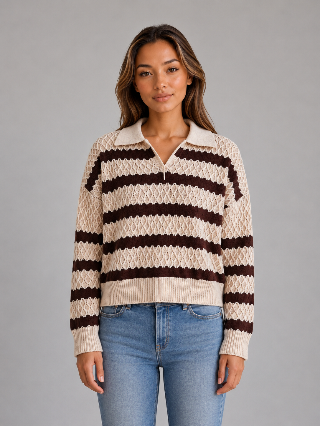 Women's Striped Polo Sweater Long Sleeve Collared Textured Knit Pullover