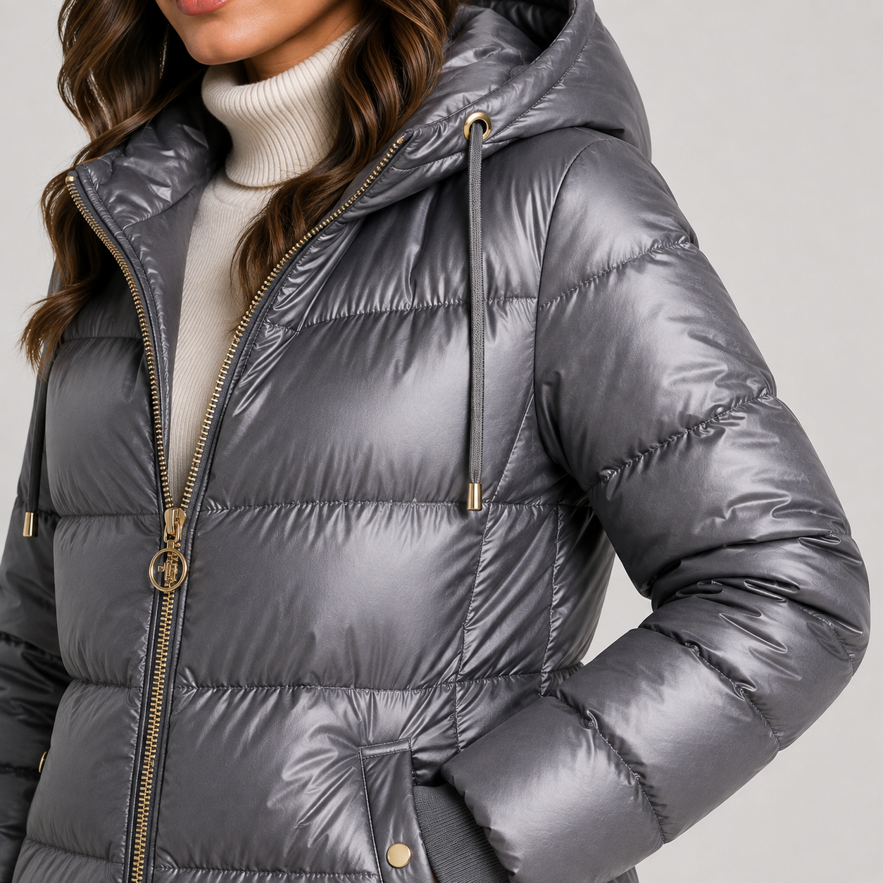 Women's Hooded Puffer Coat Metallic Grey Quilted Insulated Winter Outerwear