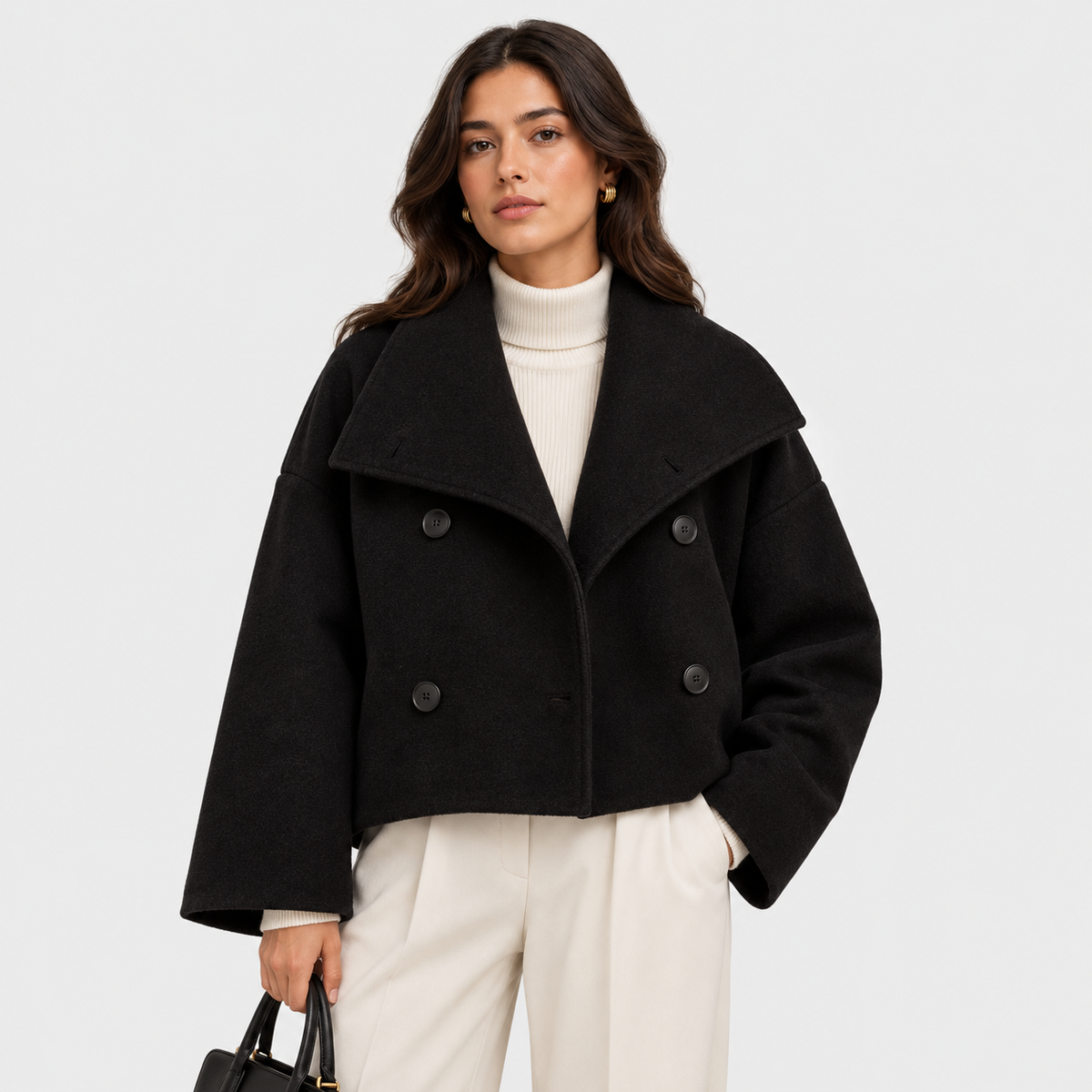 Women's Cropped Peacoat Double Breasted High Collar Wool Blend Winter Jacket