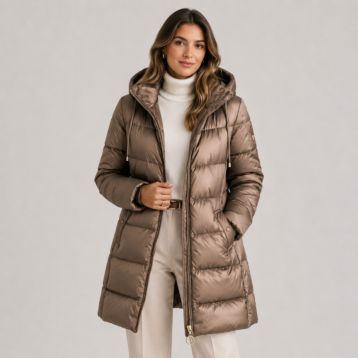 Women's Hooded Puffer Coat Metallic Grey Quilted Insulated Winter Outerwear