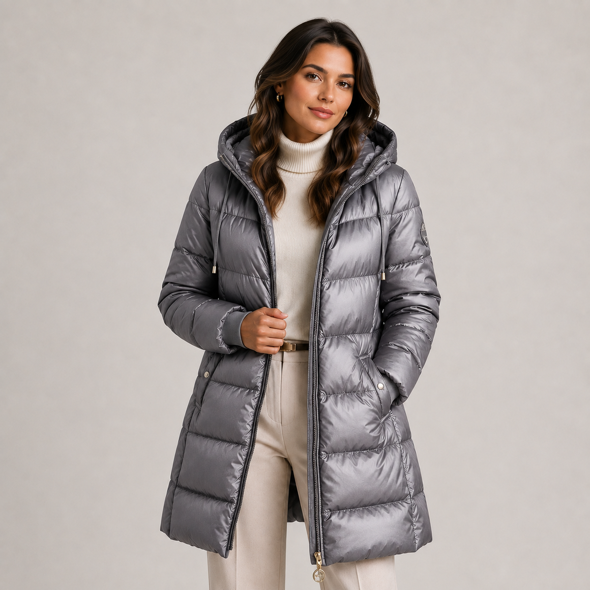 Women's Hooded Puffer Coat Metallic Grey Quilted Insulated Winter Outerwear