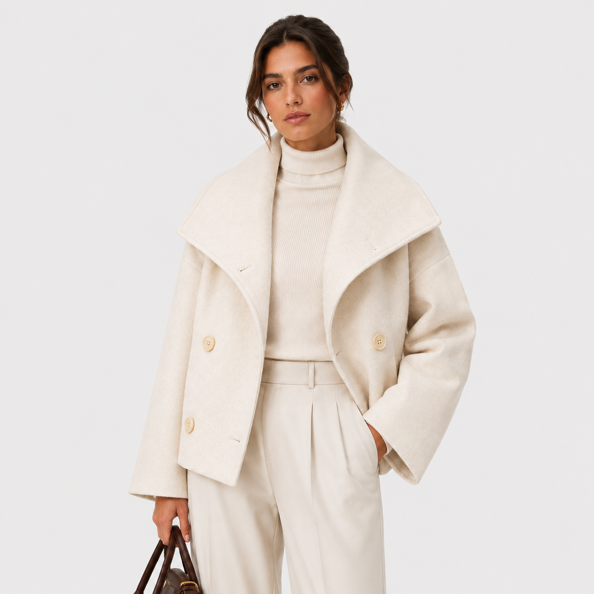 Women's Cropped Peacoat Double Breasted High Collar Wool Blend Winter Jacket