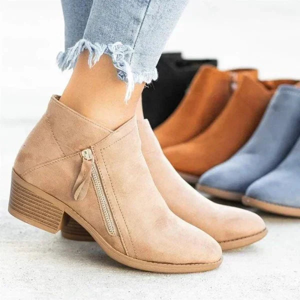 Women's Side Zip Ankle Boots Block Heel Pointed Toe Casual Booties