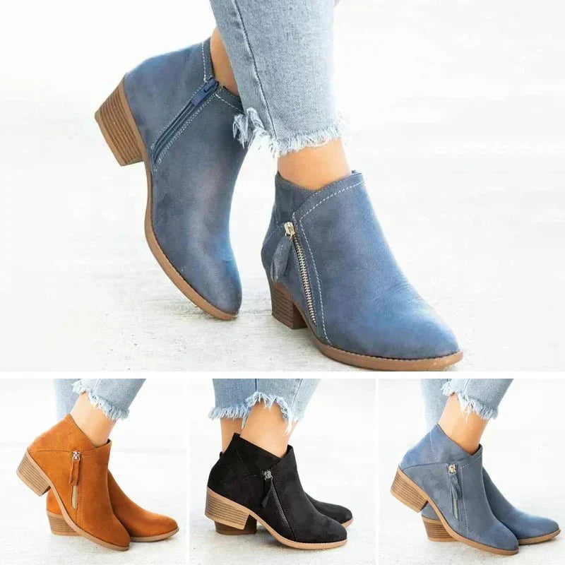 Women's Side Zip Ankle Boots Block Heel Pointed Toe Casual Booties