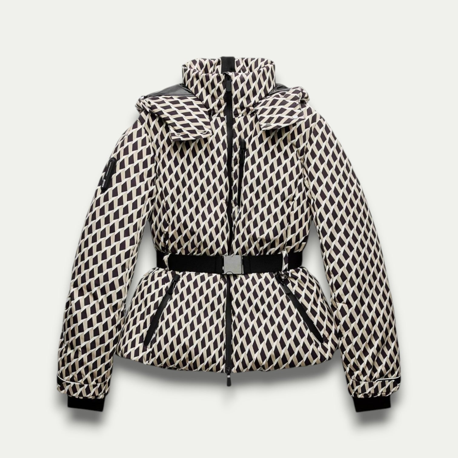 Women's Beige Patterned Puffer Jacket – Stylish Belted Insulation for Outdoor Wear