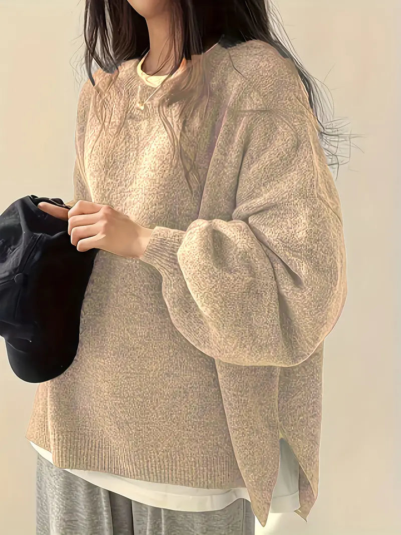 Women's Cozy Lantern Sleeve Knit Sweater - Chic Round Neck Design