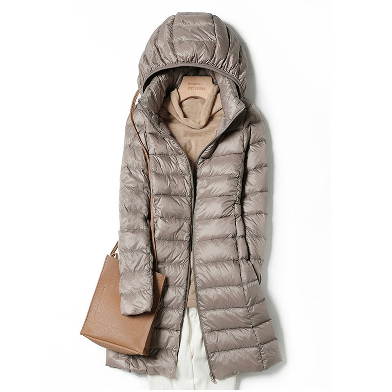 Women's Hooded Longline Puffer Jacket - Quilted Style for Winter Wear