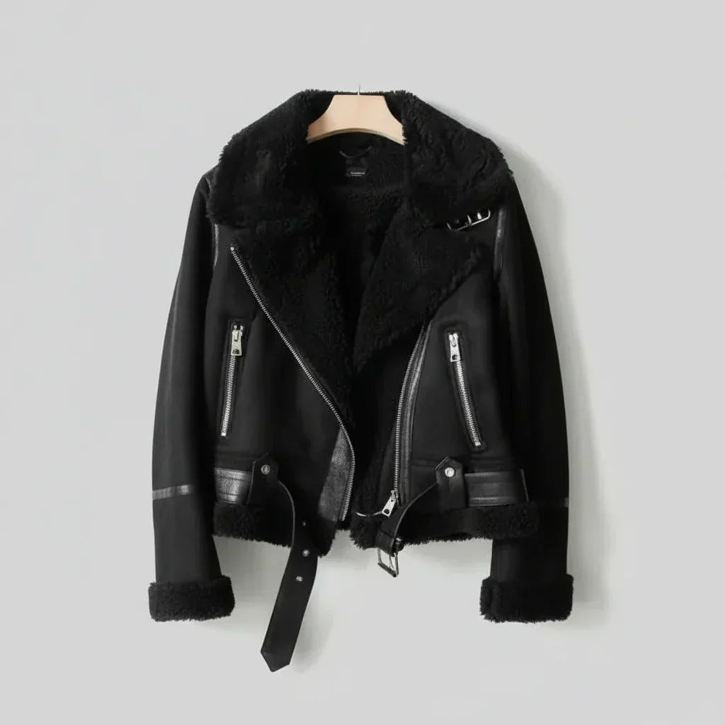 Shearling Biker Jacket for Women - Cozy Sherpa Lining & Stylish Belt