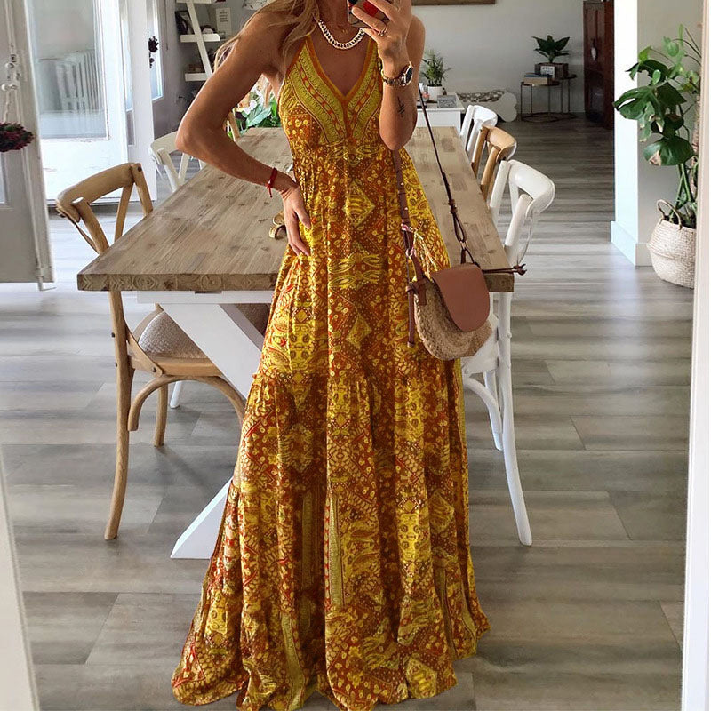 Women's Maxi Dress V-Neck Spaghetti Straps Flowy Draped Casual