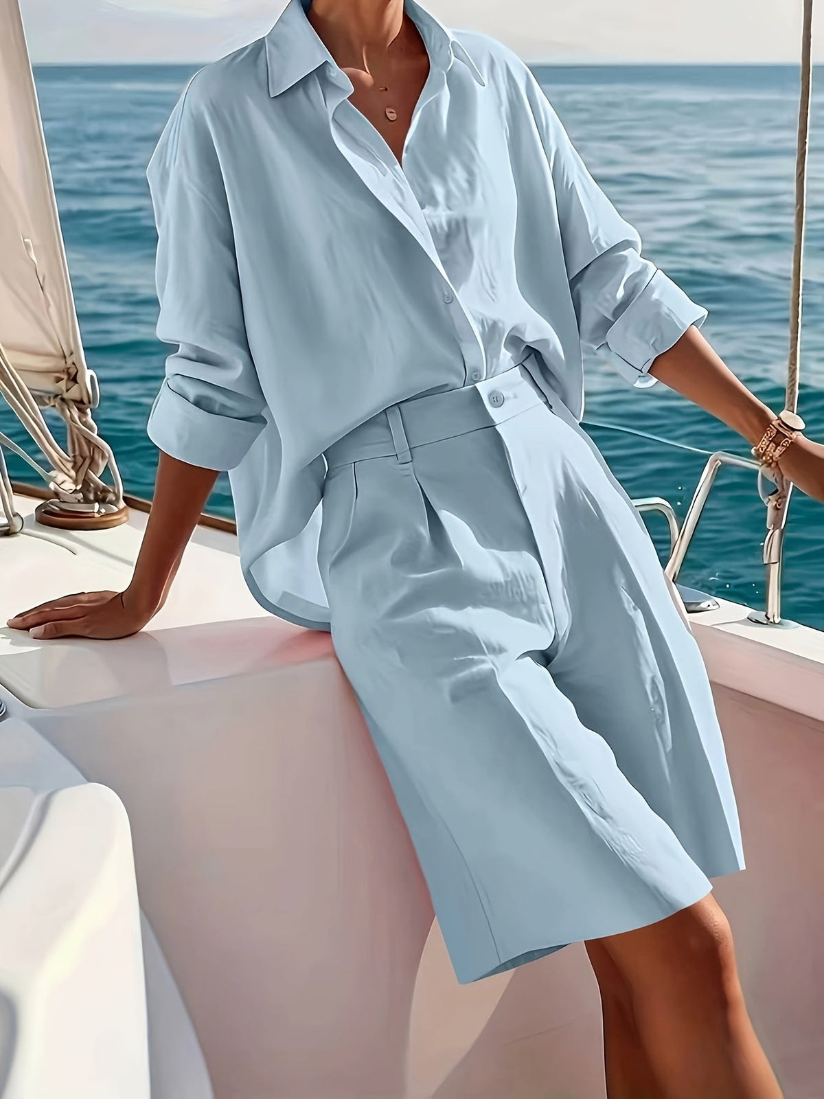 Women's Casual Set Solid Color Button-Up Shirt Long Sleeve Collared Bermuda Shorts