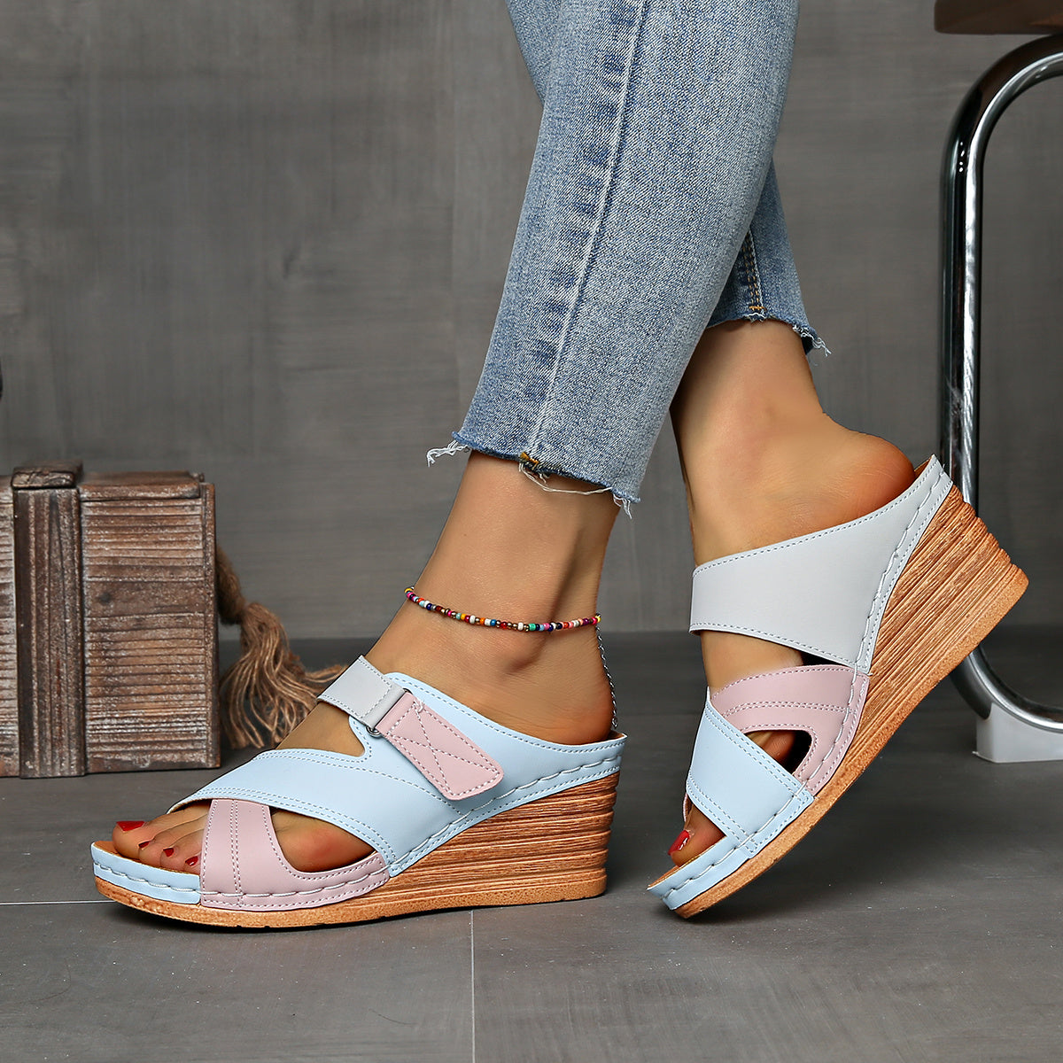 Women's Wedge Slides Two-Tone Cross Strap Open Toe Summer Sandals