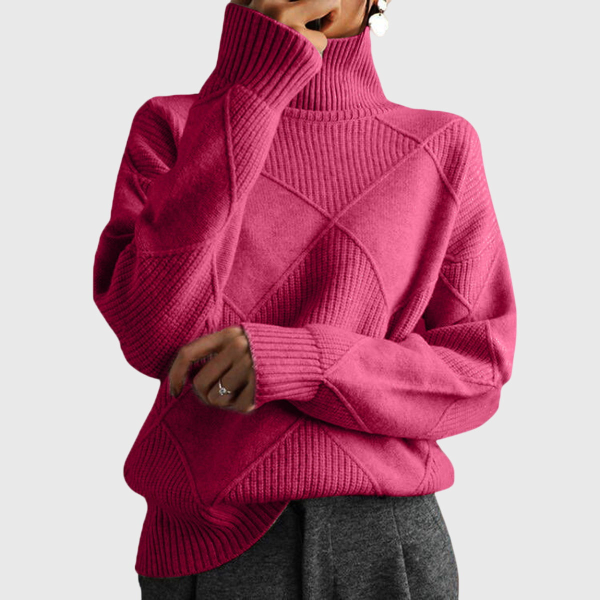 Women's Turtleneck Sweater Argyle Textured Long Sleeve Knit Pullover Winter