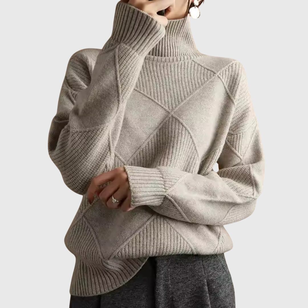 Women's Turtleneck Sweater Argyle Textured Long Sleeve Knit Pullover Winter