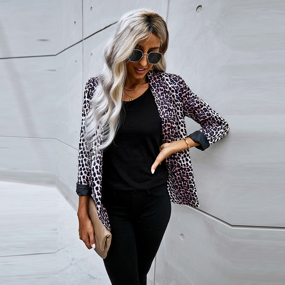Women's Leopard Print Blazer Open Front Long Sleeve Loose Fit Casual Autumn