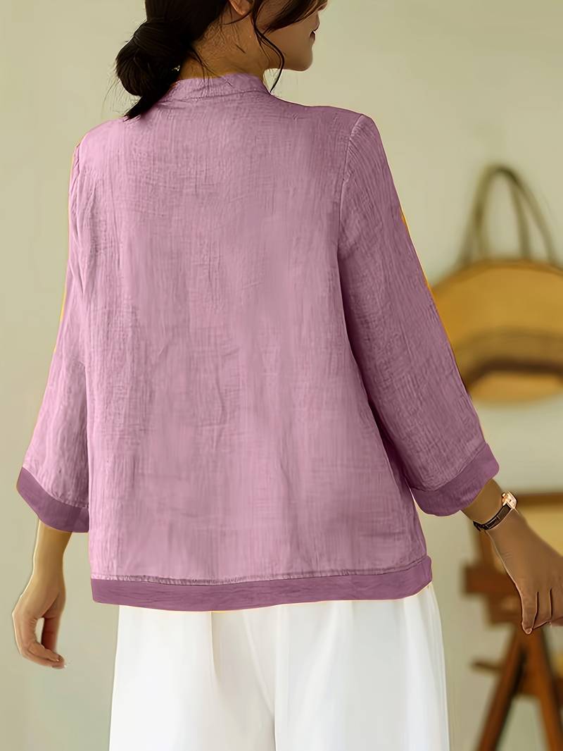 Women's Linen Shirt Green Mandarin Collar Button Up Long Sleeve Casual